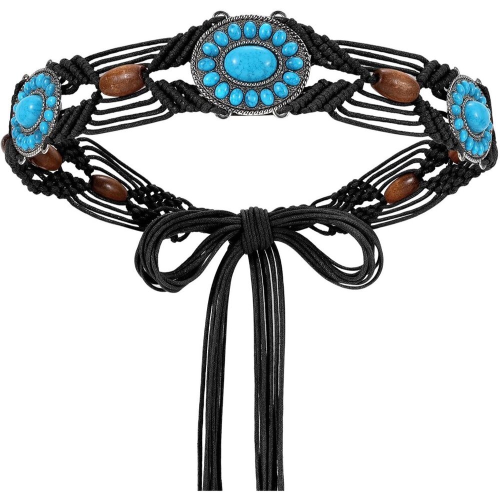 Boho Braided Belt for Women Hand-Woven Wax Rope & Turquoise Belt Western Tassel